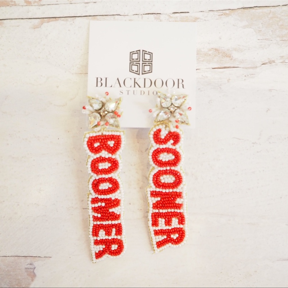Beaded Boomer Sooner Collegiate Game Day Earrings